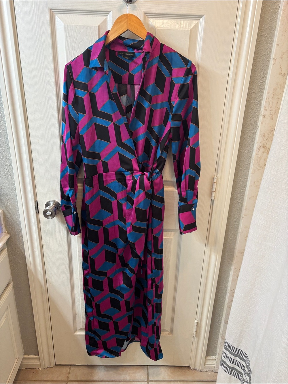 House of Harlow 1960 Fuchsia Teal Black Geometric Wrap MIDI/Maxi Dress Size M